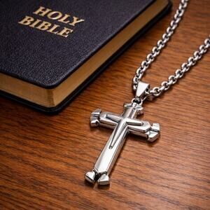 Men’s Stainless Steel Cross Necklace 22 Inch Chain Polished Silver Faith